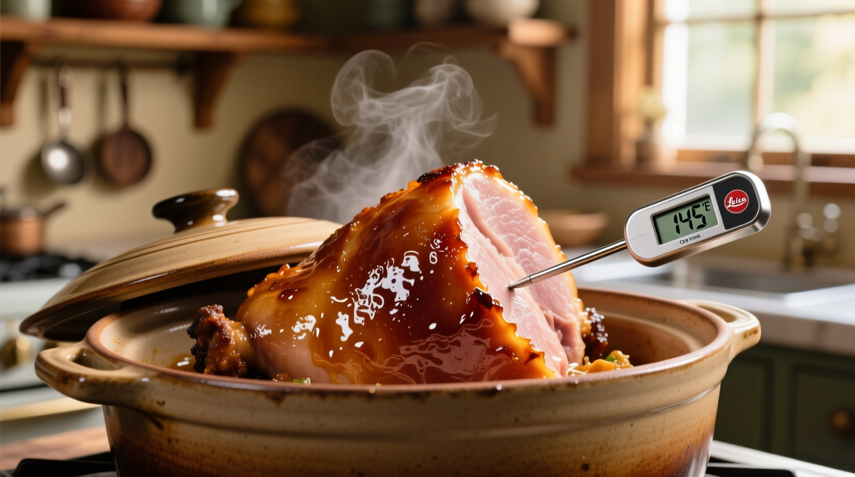 Perfectly glazed ham in crockpot with thermometer reading