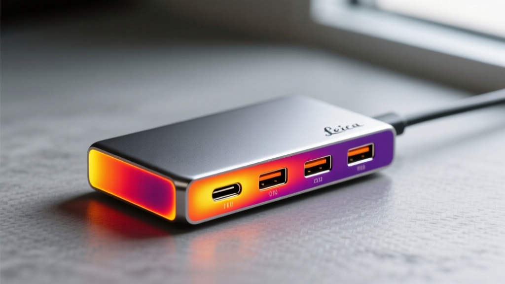 Thermal camera view showing heat dissipation on a metal USB-C multi-port adapter under heavy data and display load.