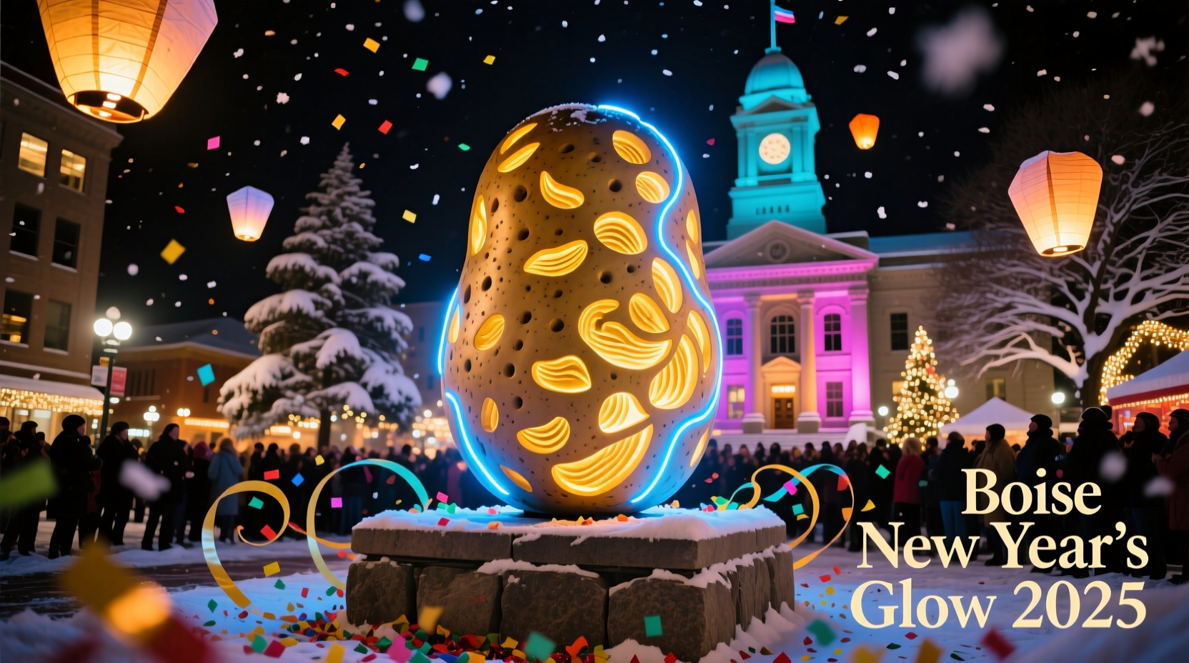 Illuminated potato sculpture at Boise New Year's celebration