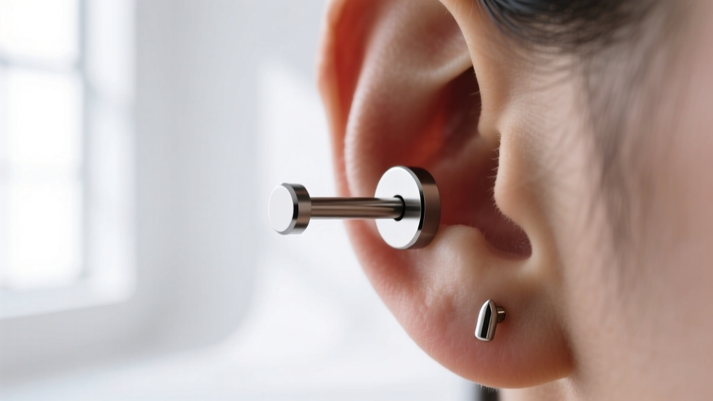 Close-up of a 16-gauge titanium flat-back labret stud in a standard lobe piercing against a clean, bright studio background