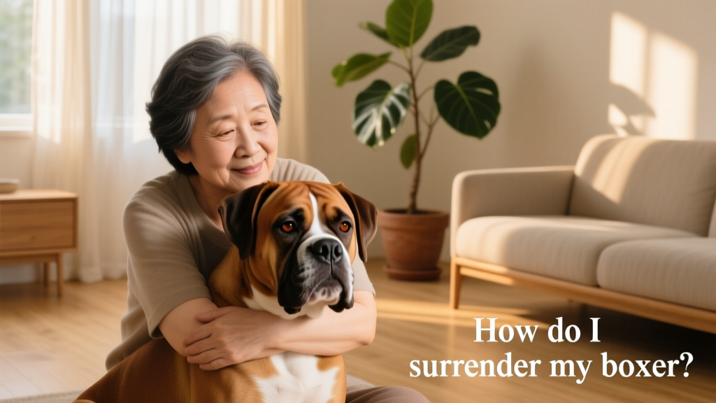 A compassionate person gently holding a gentle-looking Boxer in a quiet, sunlit room
