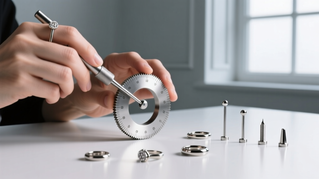 Professional piercer using a circular metal gauge wheel to measure the thickness of various surgical steel body jewelry pieces.