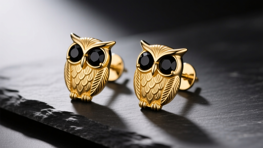 Close-up of 14k yellow gold owl stud earrings with black onyx eyes, resting on dark slate under soft studio lighting.