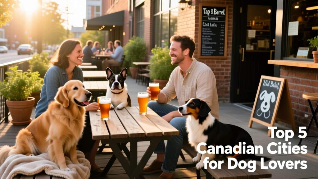 A sunny patio at Tap and Barrel in Vancouver with dogs lounging beside their owners enjoying craft beer