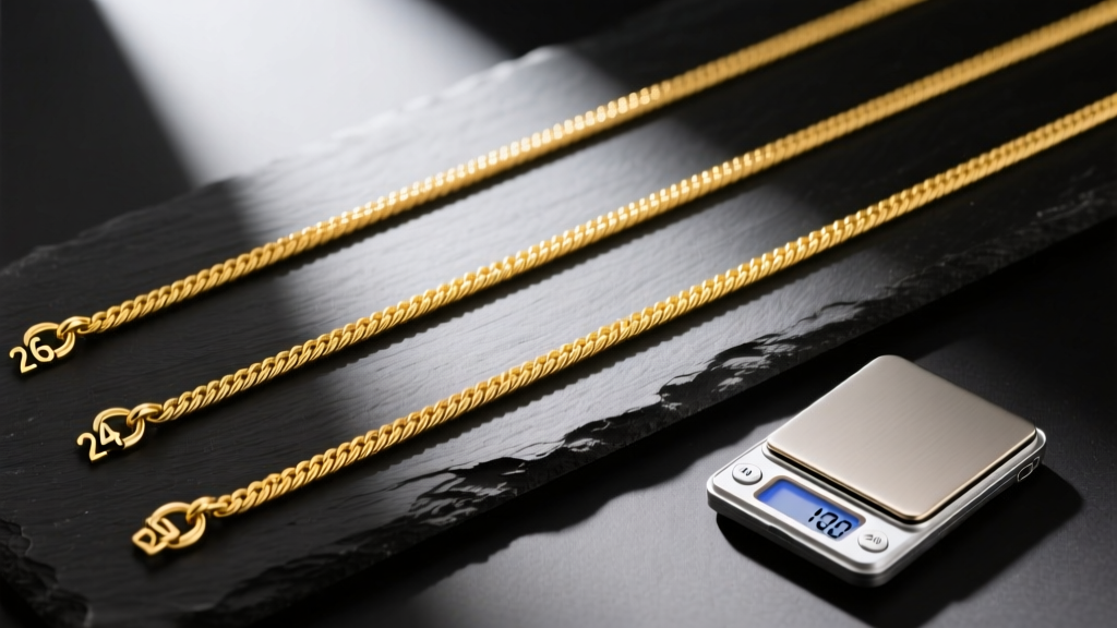 Flat-lay of three 14k yellow gold cable chains measuring 16, 20, and 24 inches on dark slate next to a digital jewelry scale