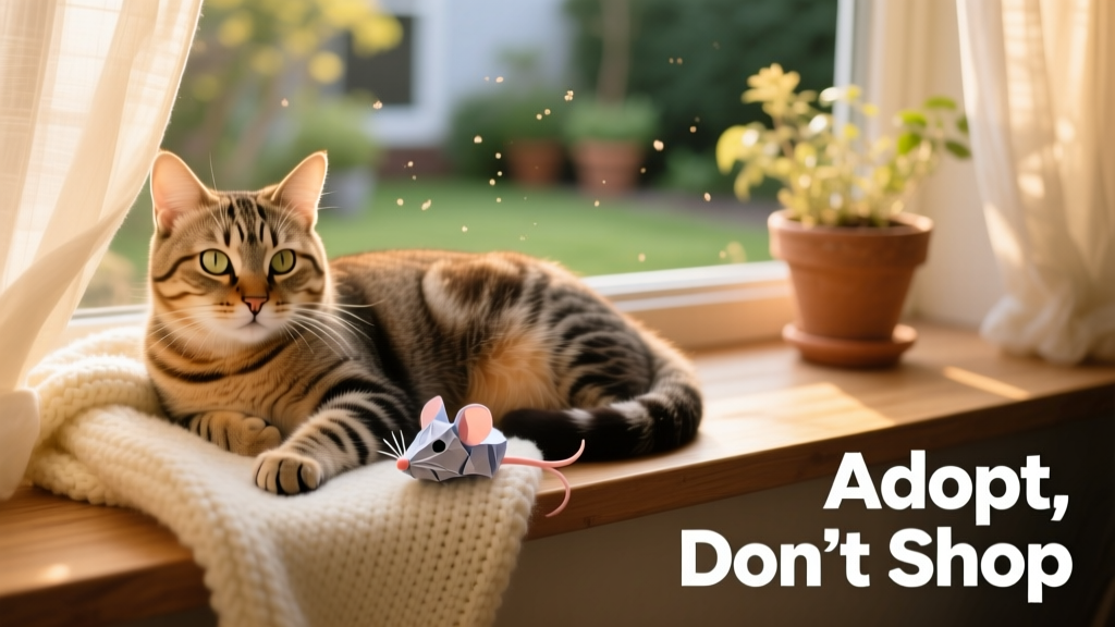 A happy, relaxed cat lounging on a windowsill, bathed in natural light, with a soft blanket and small toy nearby