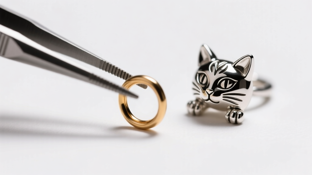 Tweezers holding a tiny 3mm brass jump ring detached from a silver feline earring under a bright jeweler's bench lamp