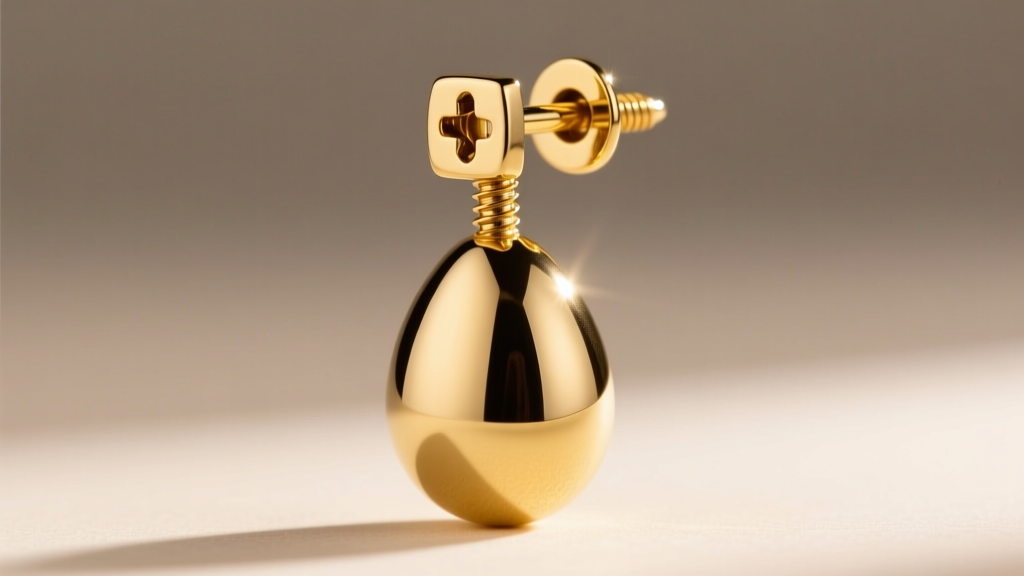 Close-up of a threaded screw-back post and a secure La Pousette locking mechanism on a polished 18k yellow gold drop earring