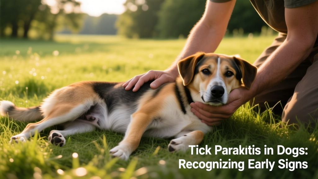 Dog lying down with mild hind-end weakness, supported gently by owner’s hands, outdoors in grassy area
