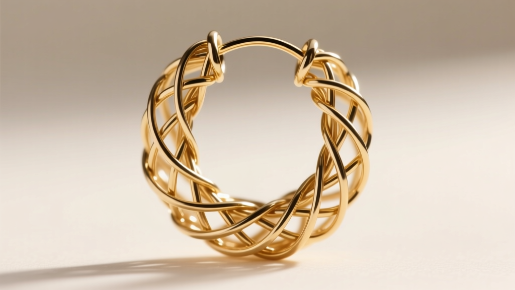 Macro shot of interlocking gold-filled mesh wires on a hoop earring, highlighting the textured, reflective metallic surface.