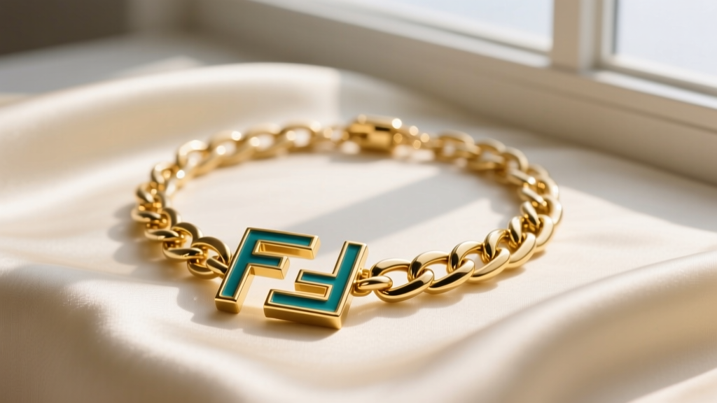 Flat lay of a gold-plated Fendi FF logo pendant necklace on cream silk, highlighting crisp enamel detailing and heavy chain links.