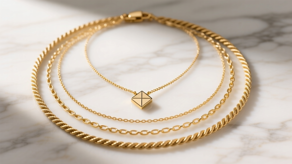 Flat lay of a layered gold necklace set on marble, displaying varying chain styles, a small pendant, and soft studio lighting.