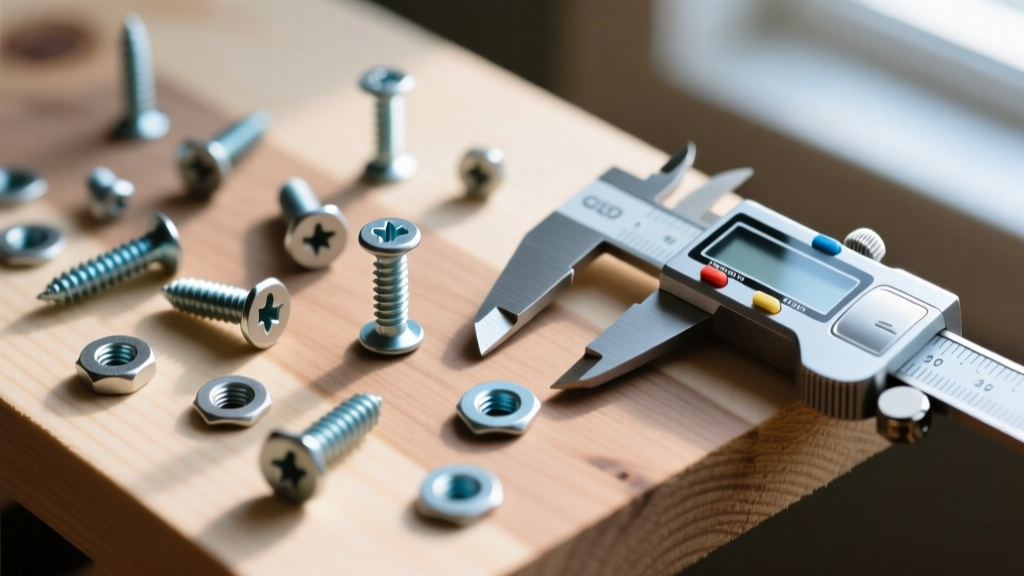 Close-up of flat countersunk, hex flange, and pan washer wood screw heads scattered on graded SPF lumber next to a digital caliper.
