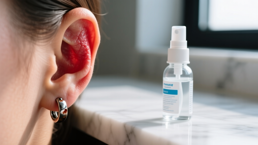 Macro shot of an inflamed earlobe wearing a cheap earring, next to a sterile saline spray on a white marble counter.