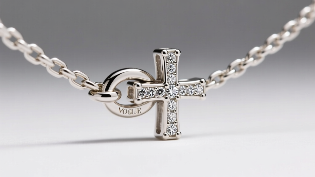 Close-up of 1mm 14k white gold box chain threading through a diamond cross bail, highlighting the lobster clasp and link structure.