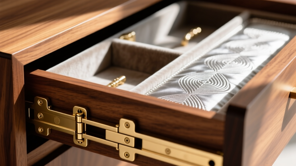 Macro shot of solid brass piano hinges and anti-tarnish Pacific Silvercloth lining inside a custom wooden jewelry drawer.
