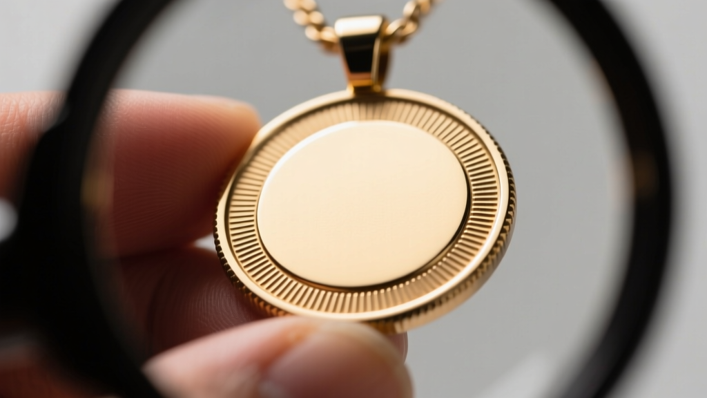 Loupe view of a hand-stamped medallion pendant edge, highlighting smooth beveling and high-quality laser engraving details.