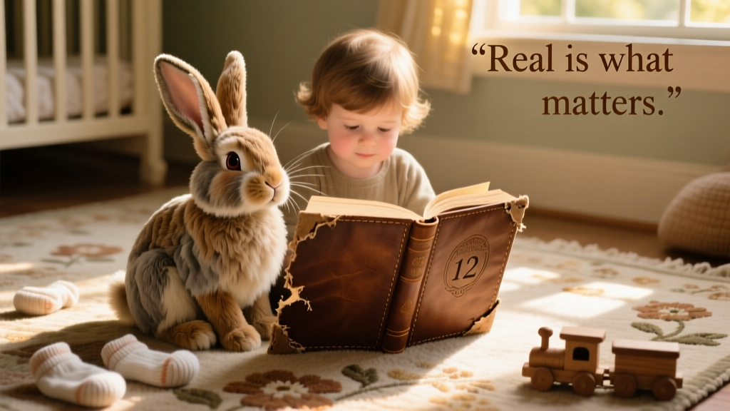 A soft, well-loved velveteen rabbit sitting beside a child’s worn leather storybook on a sunlit nursery rug