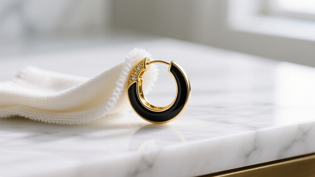 A microfiber cloth gently wiping a gold vermeil and black enamel Brighton hoop earring resting on a bright white marble vanity surface.