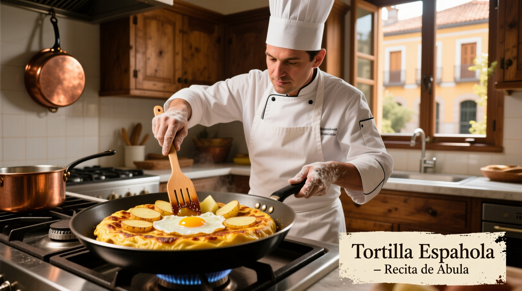 Chef preparing Spanish tortilla with eggs and potatoes
