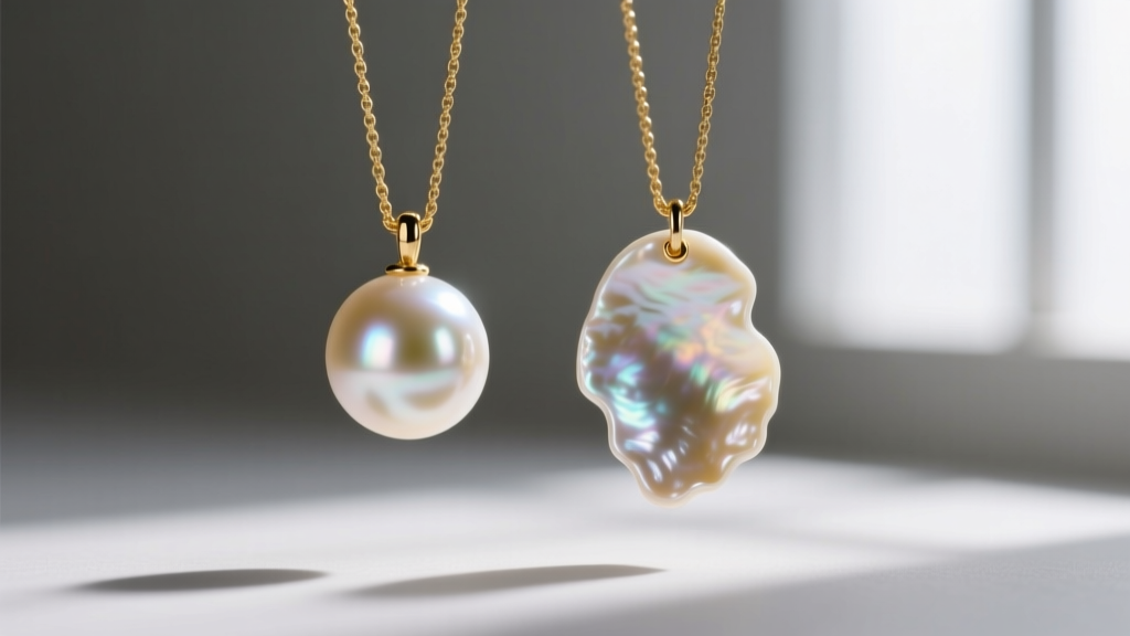Macro jewelry photo comparing a flawless round Akoya pearl and an irregular baroque freshwater pearl on 14k gold french wires.