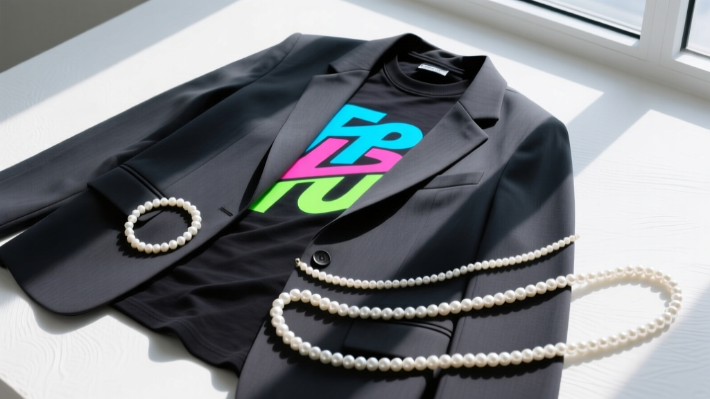 Flat lay of a streetwear outfit featuring a tailored blazer, graphic tee, and three distinct pearl strands of varying lengths