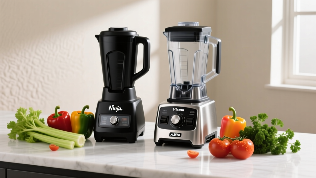 Countertop comparing a black Ninja blender and a brushed stainless Vitamix A3500 with fresh vegetables scattered around