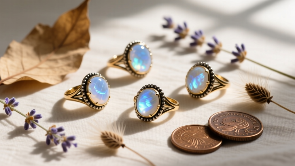Flat-lay of fantasycore moonstone rings with heavy bezel settings, scattered with dried botanicals and antique brass coins