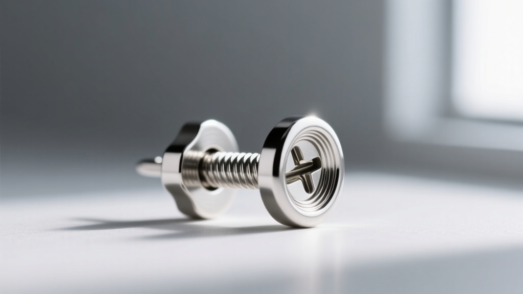 Macro photo of an 18-gauge platinum earring post with a secure La Pousette screw-back mechanism showing threaded groove details.