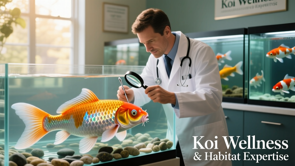 A veterinarian examining a koi’s gills and fins during a routine wellness check at a specialty aquatic clinic