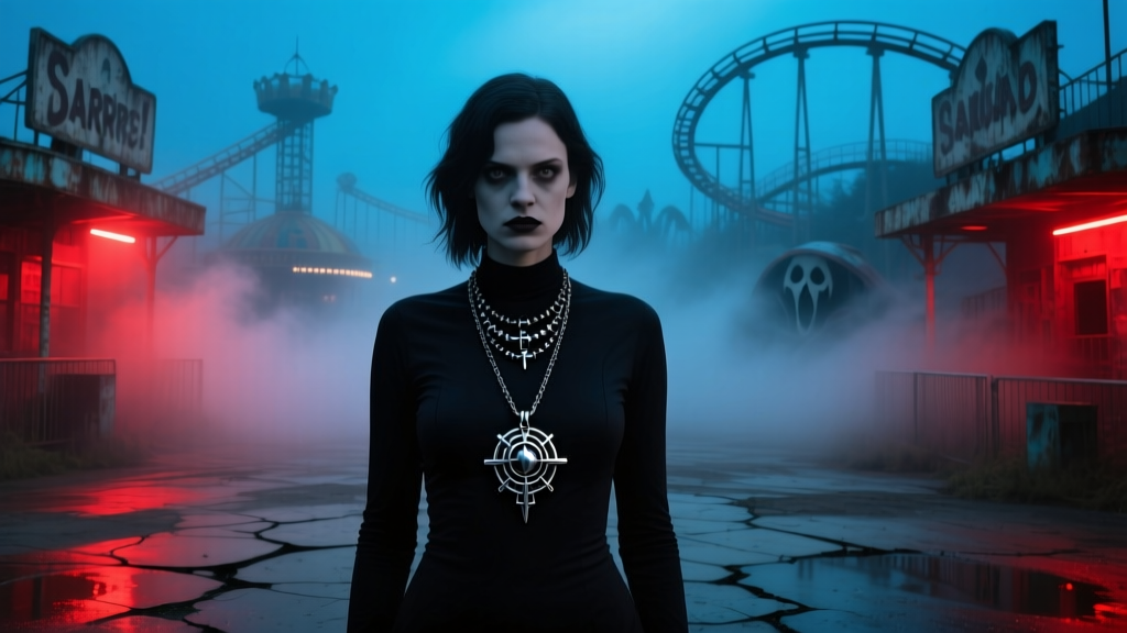 Horror fan in foggy theme park scare zone wearing a layered blackened steel pendant necklace under cinematic blue and red lighting