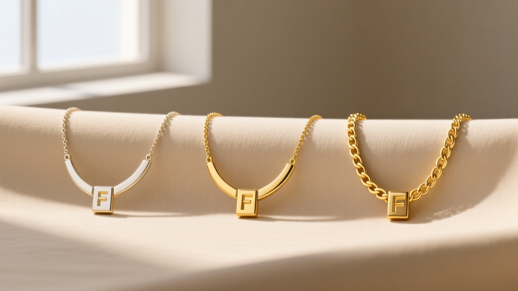 Figaro necklaces in 10k, 14k, and 18k gold side-by-side showing color differences against a neutral beige fabric backdrop.