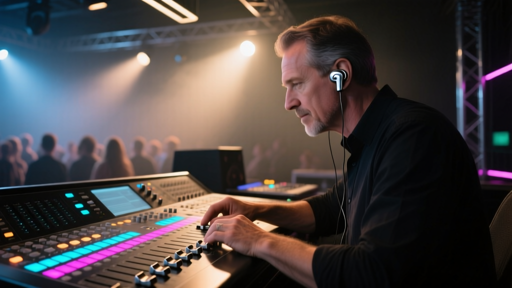 Sound engineer wearing Sennheiser EW IEM G4 in-ear monitors while adjusting levels on a digital mixing console at a dimly lit live music venue