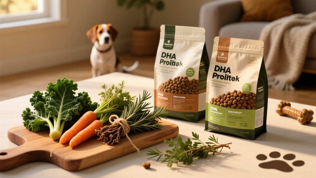 Side-by-side comparison of common pet food ingredients: fresh vegetables, dried herbs, and labeled kibble bags highlighting key components like DHA, probiotics, and fiber sources