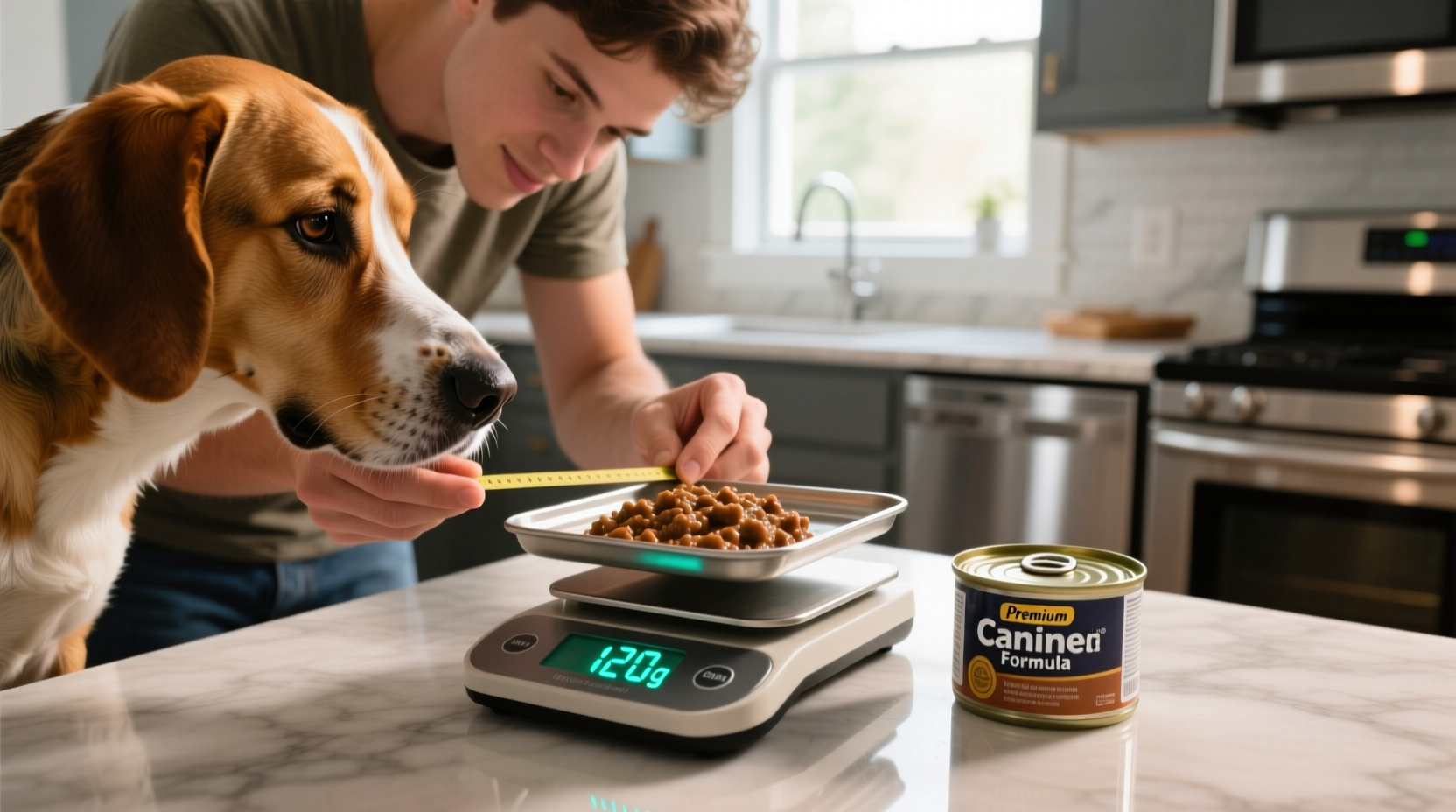 Dog owner measuring wet food portions with kitchen scale