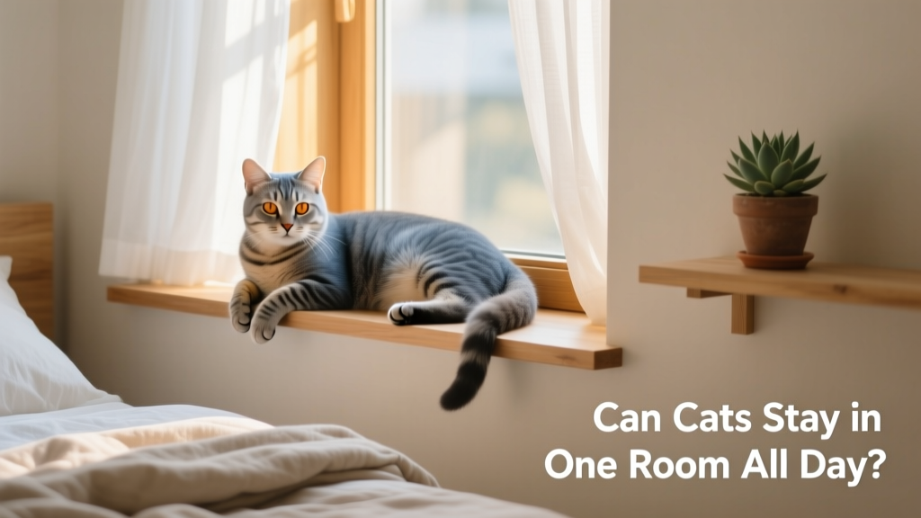 A relaxed cat lounging on a sunlit windowsill in a spacious bedroom