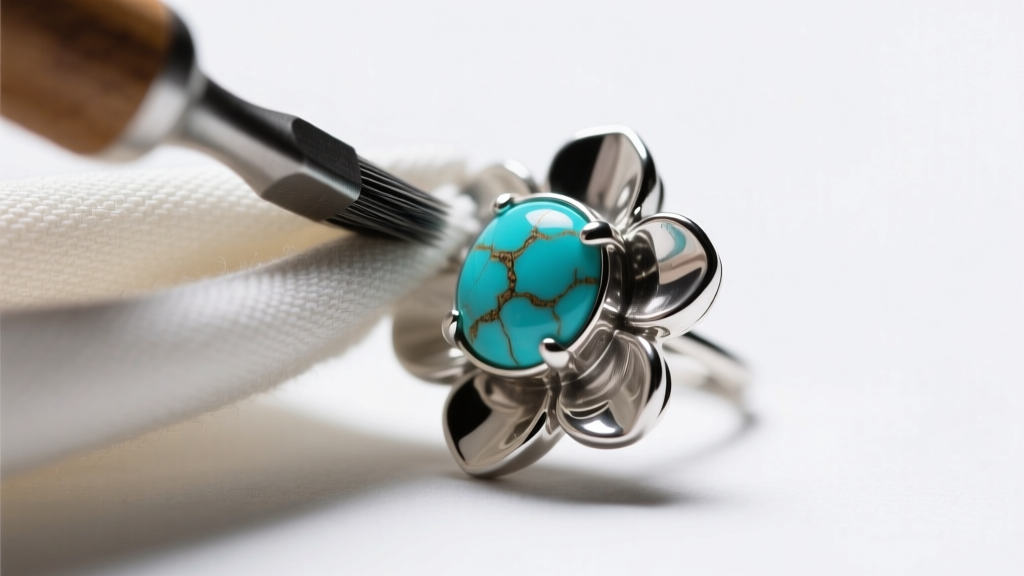 Macro shot of a cloth polishing the silver bezel of a squash blossom earring, carefully avoiding the porous turquoise stone