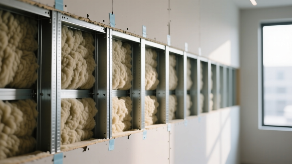 Cross-section of a modern interior gypsum board wall revealing steel studs, acoustic insulation, and taped drywall seams in a commercial build