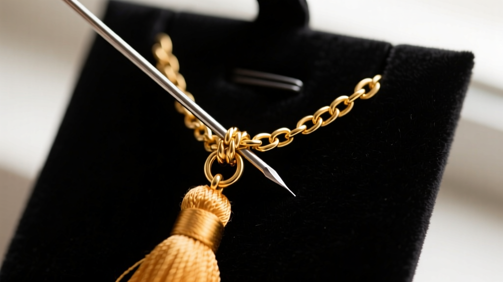 Macro shot of a steel sewing needle separating a knot in a delicate gold chain tassel earring resting on a dark velvet mat.