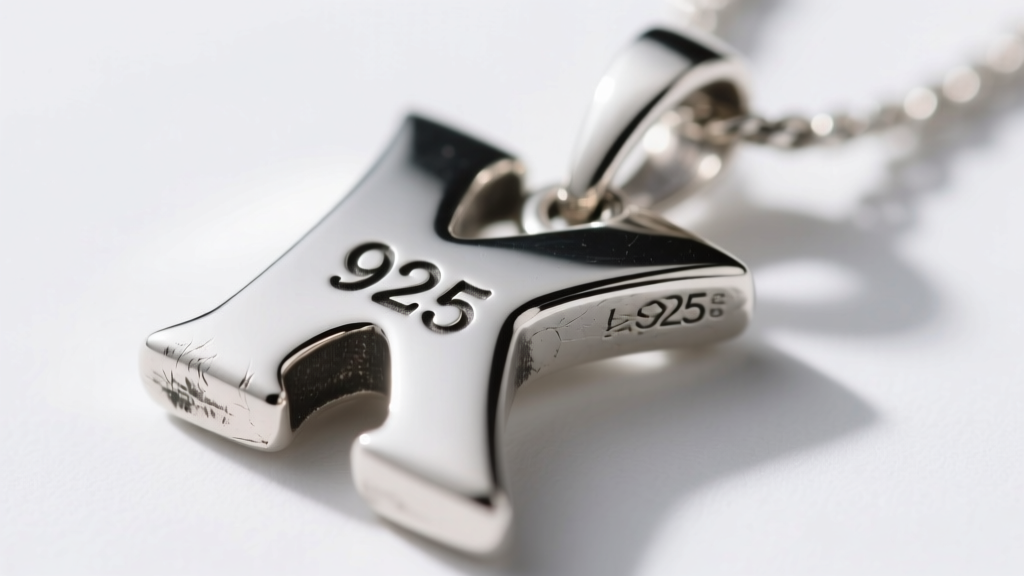Macro shot of a 925 sterling silver K pendant showing the 925 hallmark stamp on the back and a slightly worn rhodium edge.
