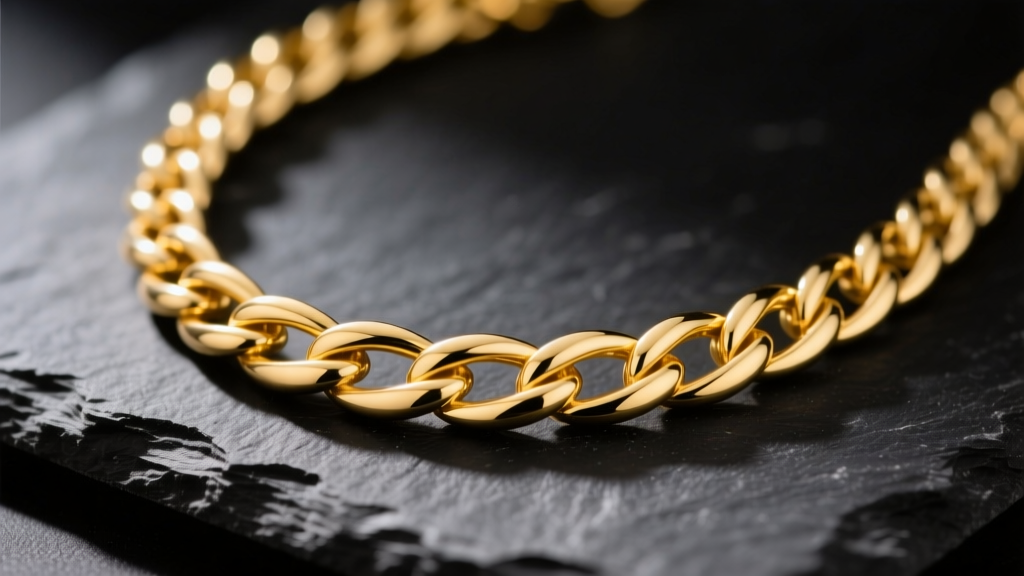 Macro shot of a 14k yellow gold wheat chain necklace on dark slate, showing the intricate four-strand woven oval links clearly