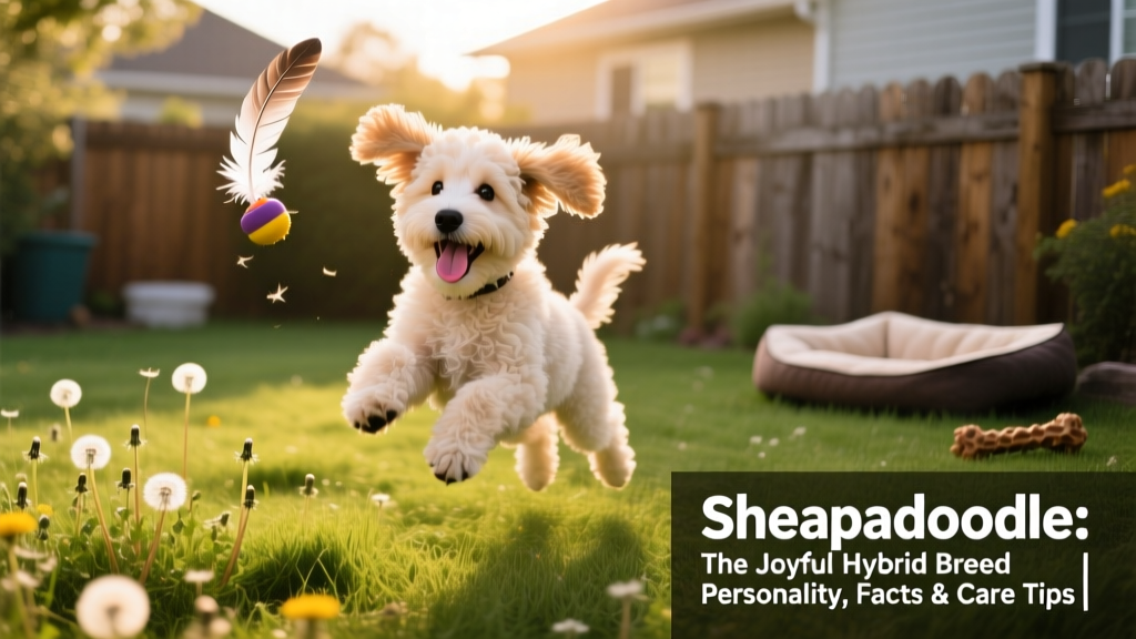 A joyful, fluffy Sheepadoodle puppy playing in a sunlit backyard