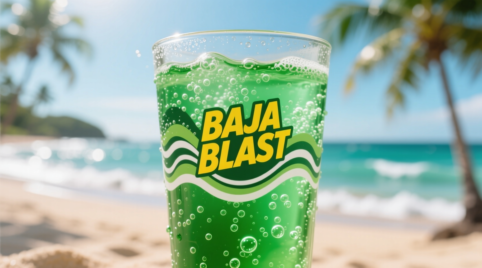 Baja Blast soda in clear glass showing vibrant green color