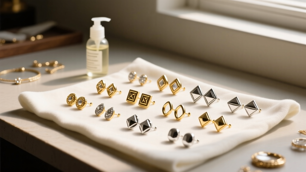 Jewelry workbench with microfiber cloth, mild soap, and an array of gold and silver styling earrings under soft warm lighting.