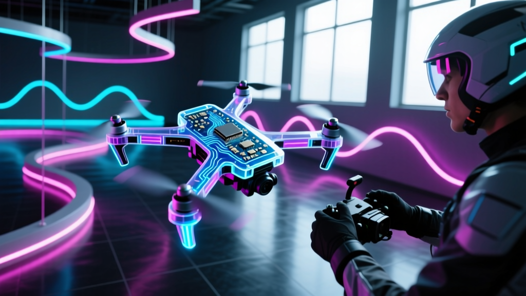 FPV pilot flying a transparent, exposed-PCB penny drone through a neon-lit indoor obstacle course, capturing high-definition video.