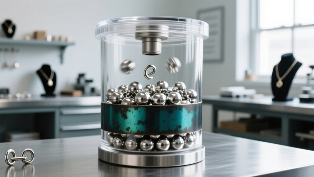 Macro shot of a rotary tumbler barrel filled with stainless steel shot and oxidized silver bails in a bright jewelry workshop