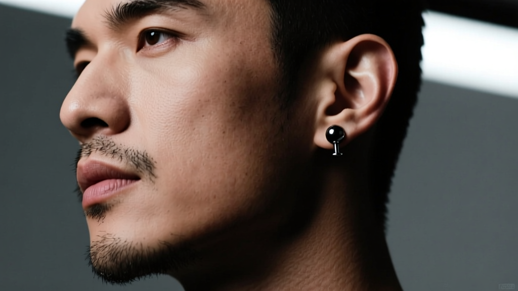 Close-up of a masculine jawline featuring a single 16-gauge black titanium stud in the right ear lobe, moody studio lighting.
