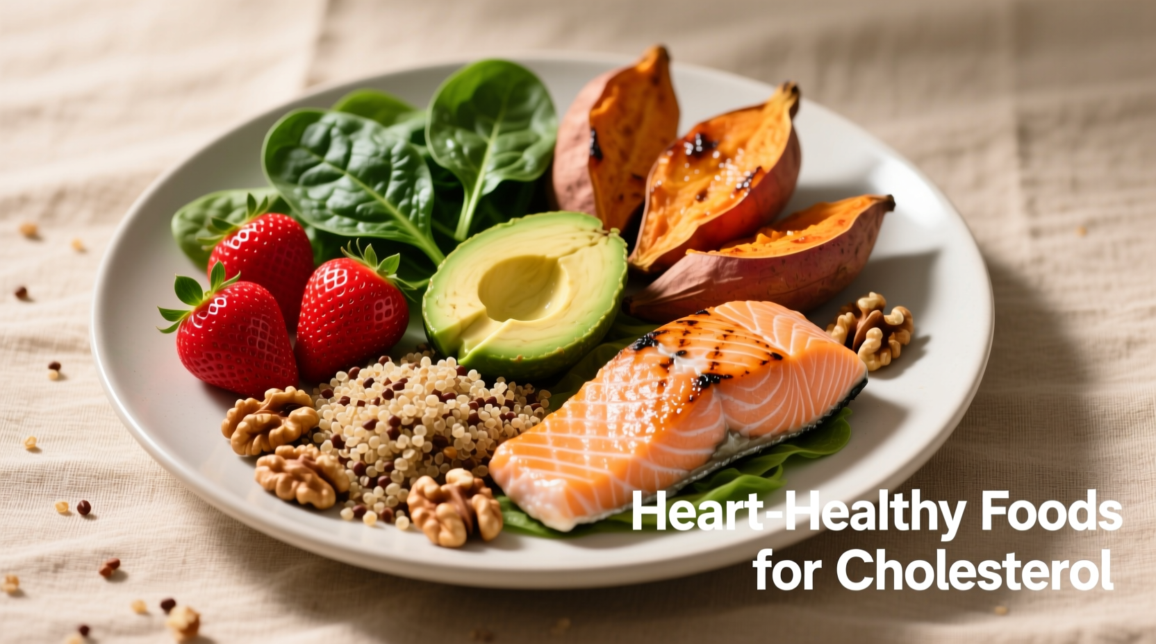Colorful plate of heart-healthy foods for cholesterol