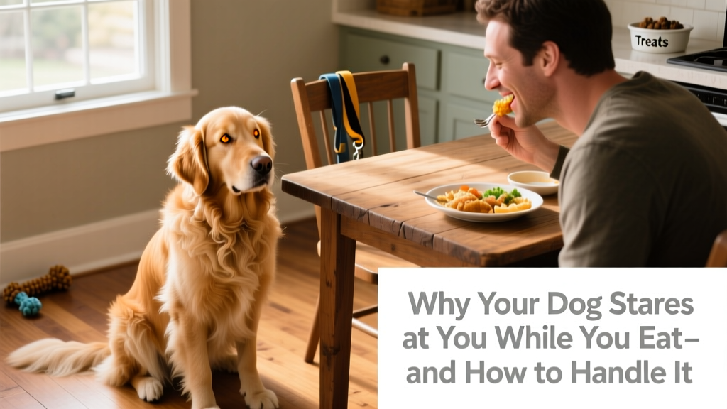 A dog sitting calmly but intently watching their owner eat at a dining table