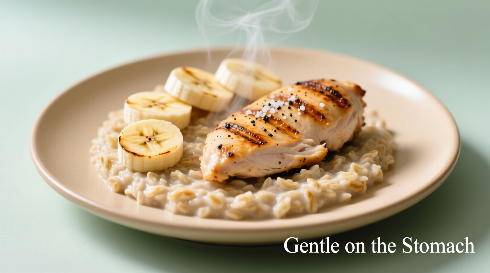 Gastritis-friendly meal plate with oatmeal, banana, and grilled chicken
